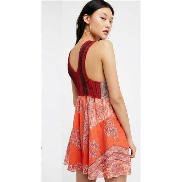 Free People Katie Crochet Mini Dress Red Pink Knit Orange Bandana Skirt Boho XS - Picture 3 of 16